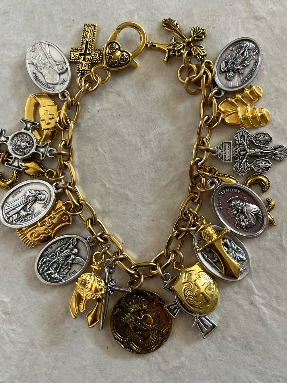 Armor of God Charm Bracelet w Crosses and Sacred Heart Coin, Medals - Picture 3 of 9